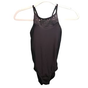 GIRLS SIZE 8 BLACK ONE PIECE SWIMSUIT CRISSCROSS BACK STRAPS